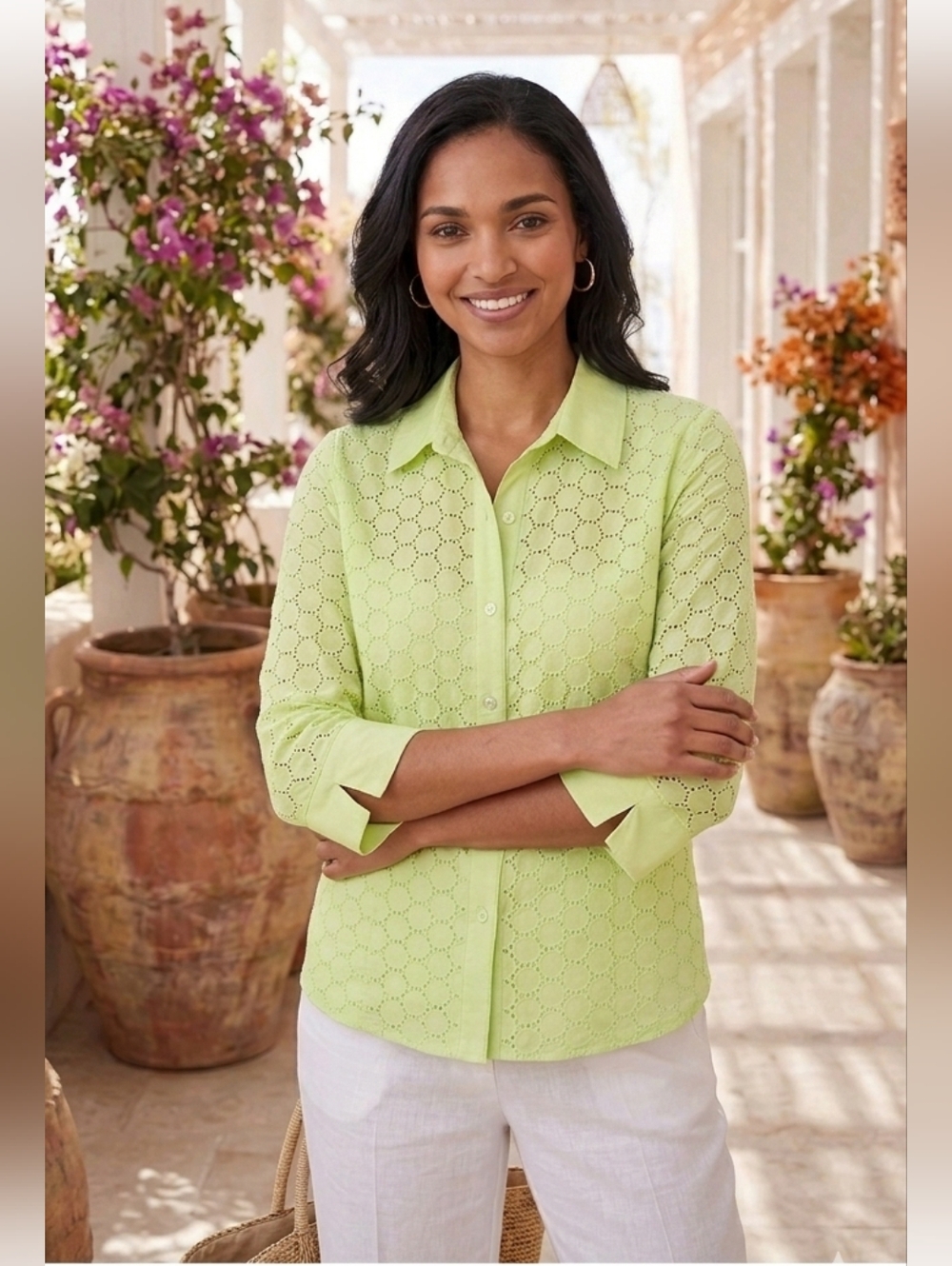 Birch Hill Lime Green Eyelet Shirt Medium 100% Cotton 3/4 Sleeve Button Up